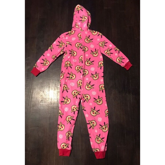 Jelli Fish KIDS Fleece Christmas Sleeper Pajamas XS 4-5 Reindeer One Piece Hood - Picture 2 of 2